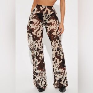 Fashion Nova Brown & Cream Cow Print Mesh Sheer Flare Pants With Fringe - M
